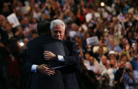 Former President Bill Clinton embraces President Barack Obama at the end of his speech Wednesday. 