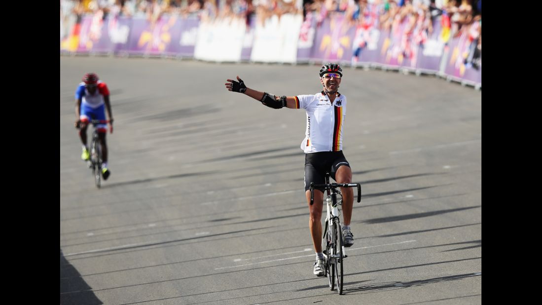 Wolfgang Sacher of Germany crosses the finish line in the men's individual C 4-5 road race Thursday.
