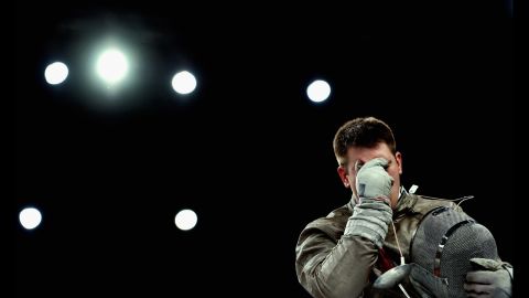 Tom Hall Butcher of Great Britain reacts during his men's individual sabre wheelchair fencing match Thursday.
