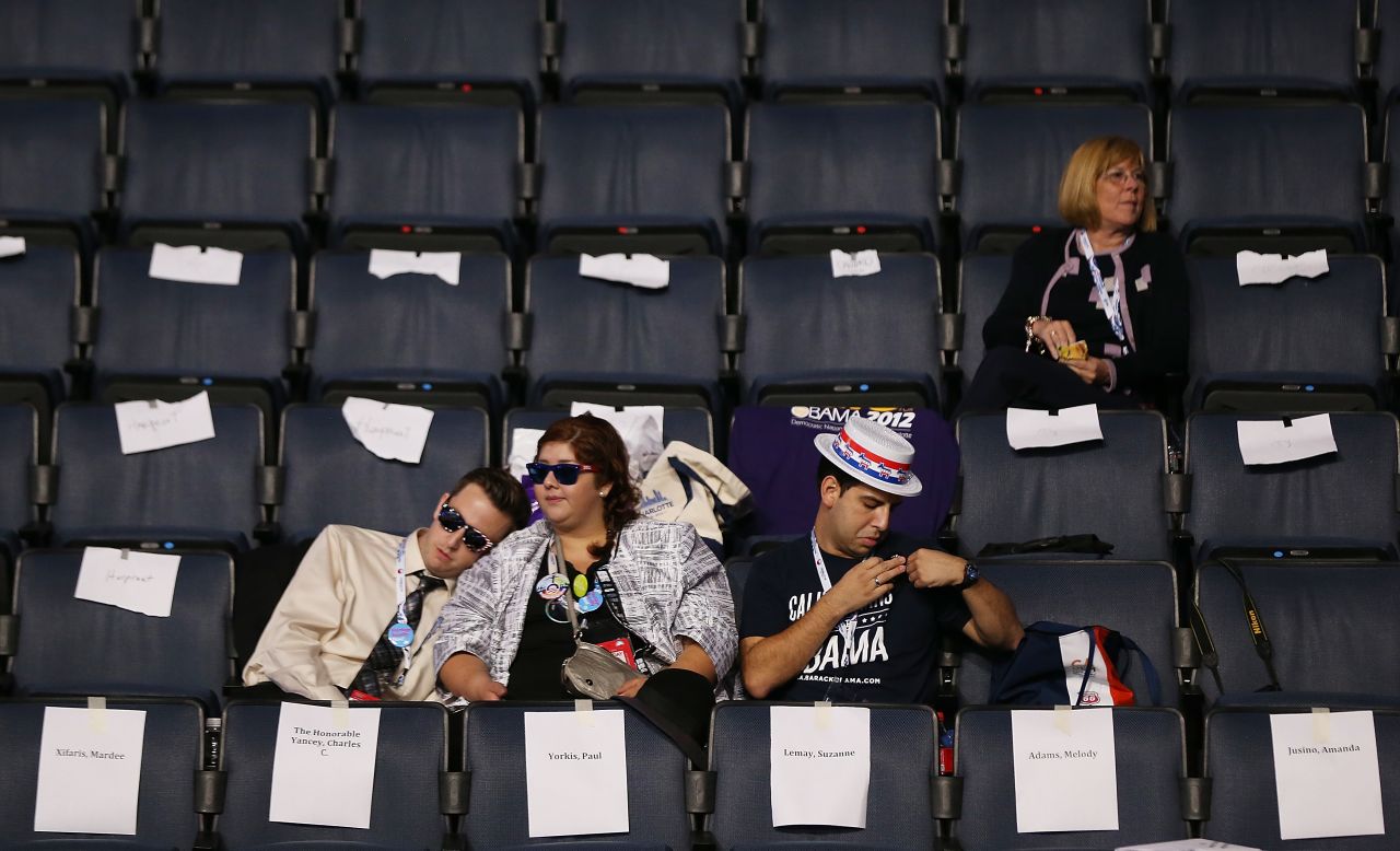 People in the stands wait for the start of the third day of the Democratic National Convention on Thursday.