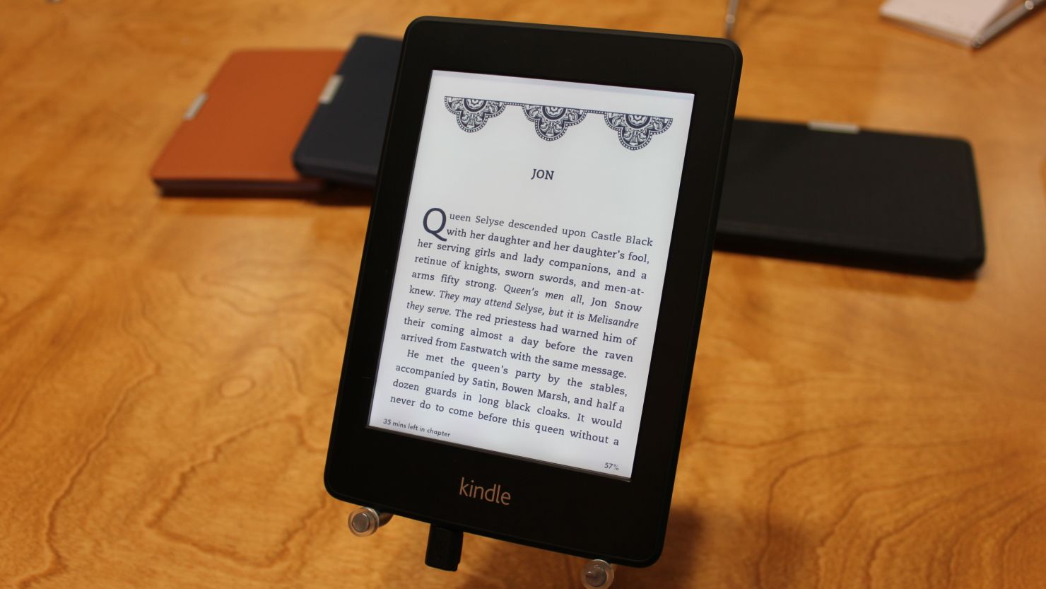 The new Kindle Paperwhite e-reader has a lighted screen for reading in the dark.