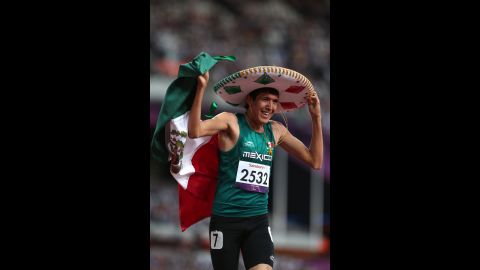 Jorge Benjamin Gonzalez Sauceda of Mexico celebrates winning bronze in the men's 400m - T12 final on Thursday, September 6.