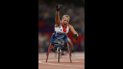 Hannah Cockroft of Great Britain wins gold in the women's 200m - T34 final on Thursday.