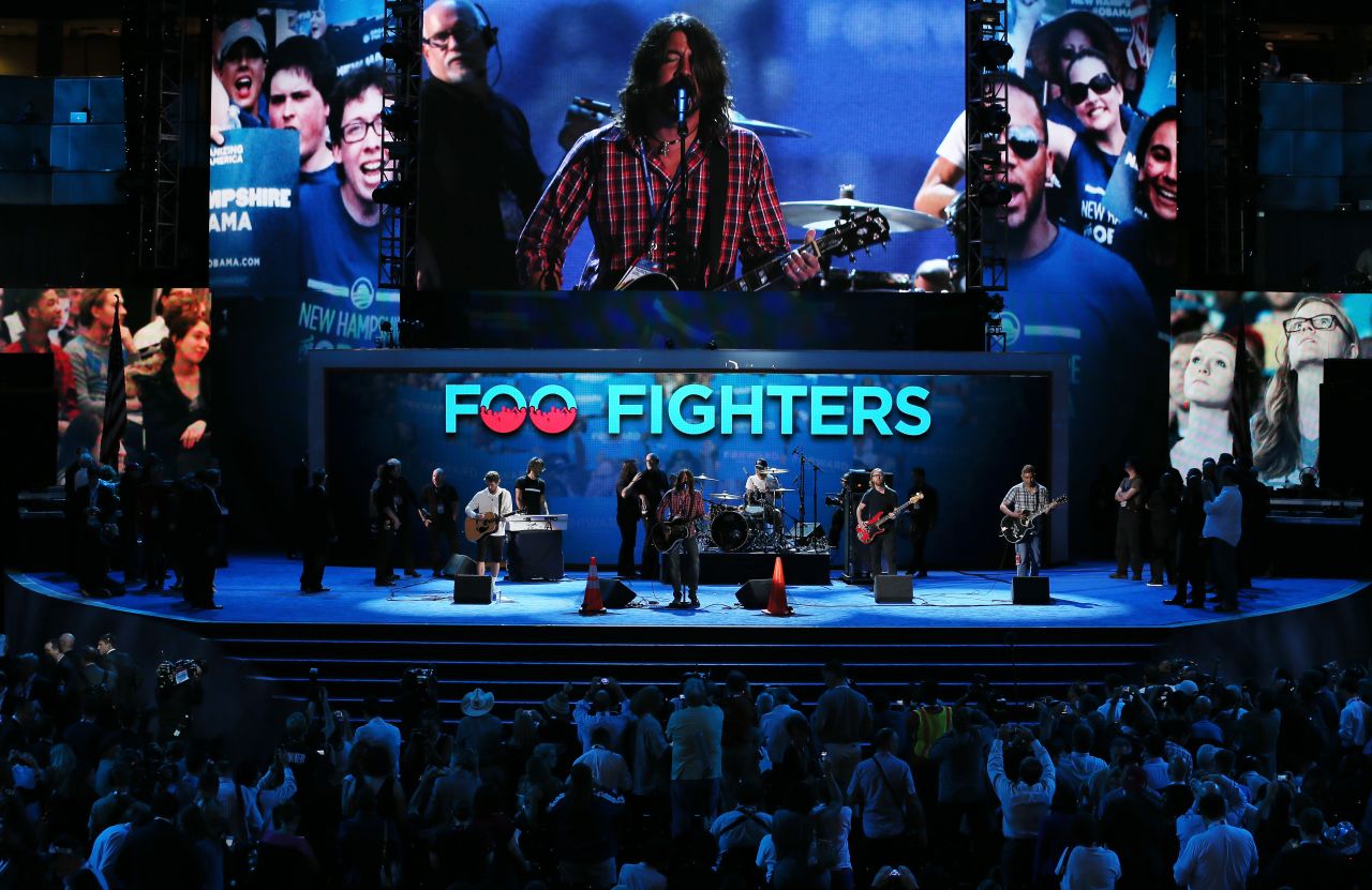 Musican Dave Grohl of the Foo Fighters performs for a soundcheck at Time Warner Center on September 6, 2012. Foo Fighters performed after Beau Biden, Delaware's attorney general, nominated his father, Vice President Joe Biden, for vice president.