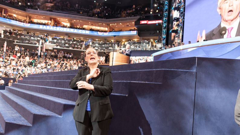 Sign language interpreter Martha Ingel on the floor of the Democratic convention on Thursday.