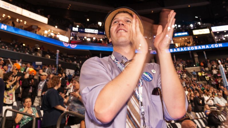 Steve Coatsworth from Oregon stands and applauds during the speeches on Wednesday. 