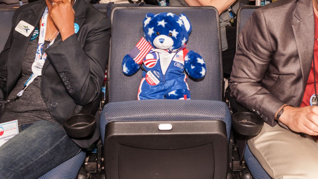 A teddy bear holds a seat at the convention on Wednesday.