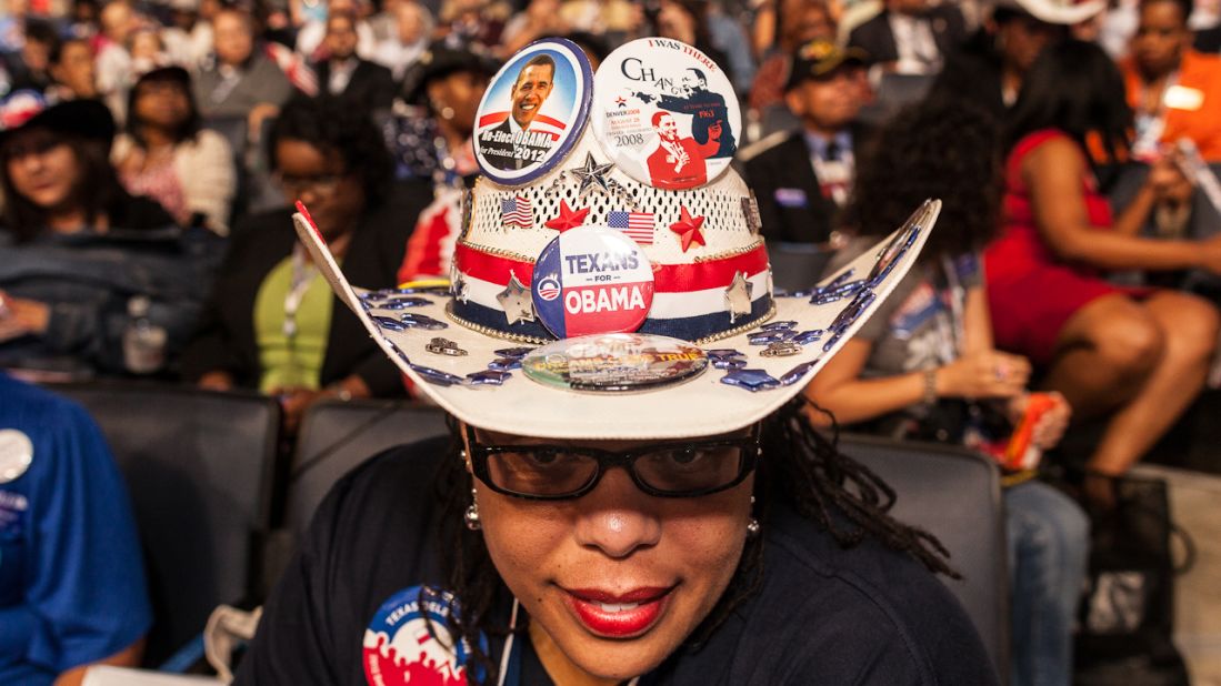 A woman wears a cowboy hat Wednesday showing Texan support for President Barack Obama.