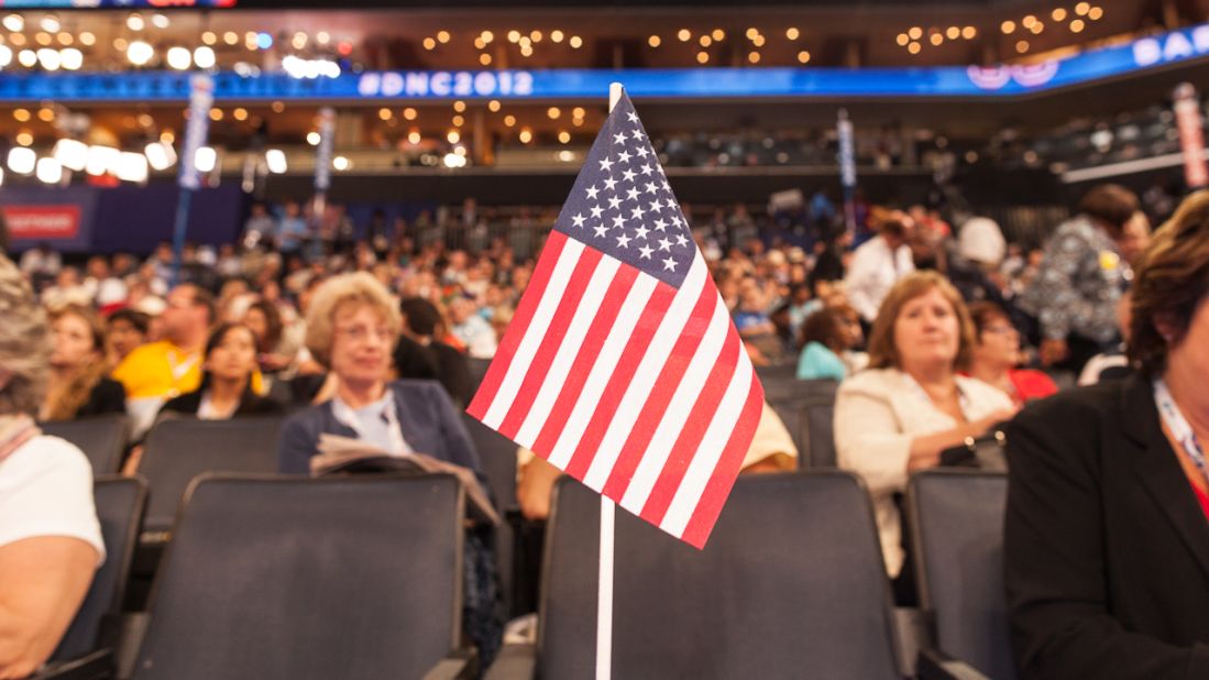 A flag stands at the convention on Wednesday.