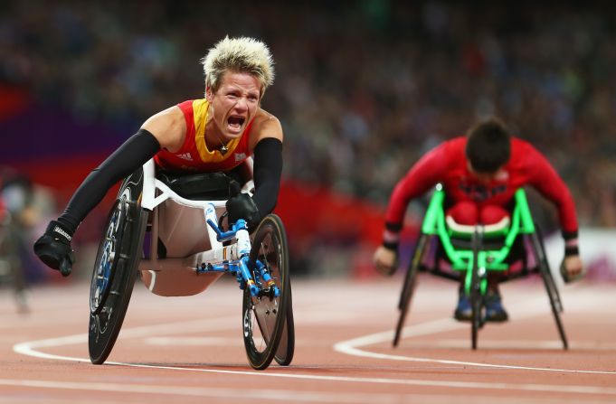 Marieke Vervoort of Belgium reacts as she wins gold in the women's 100-meter T52 final on Day 7 of the London 2012 Paralympics on Thursday.