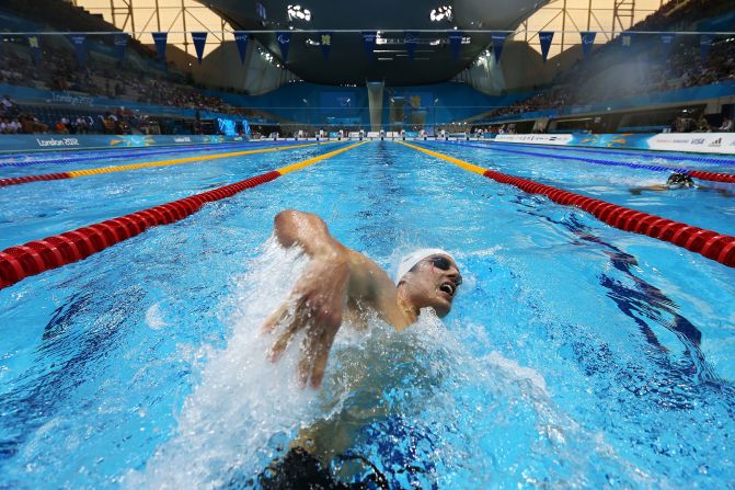 Matthew Cowdrey of Australia competes in the men's 200-meter individual medley - SM9 heat 2 at the Aquatics Center on Thursday.