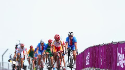 Jiri Jezek of the Czech Republic leads the group during the men's individual C4-5 road race in Longfield, England, on Thursday.