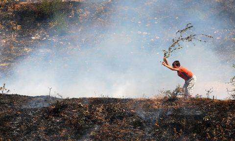 An Albanian boy uses a branch to try to put out a blaze near the city of Memaliaj, Albania, on August 28, 2012. Albania has battled multiple forest fires since June after several heat waves and months of drought. <br />