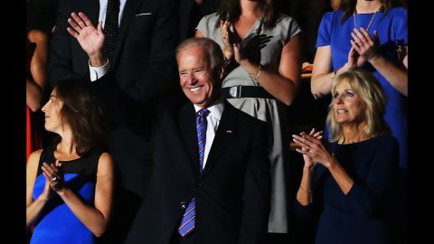 Vice President Joe Biden waves as he stands with his wife Jill Biden and family after being nominated on Thursday.