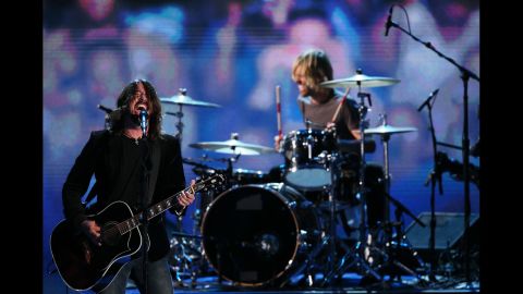 Musican Dave Grohl of the Foo Fighters performs during the final day of the Democratic National Convention on Thursday.
