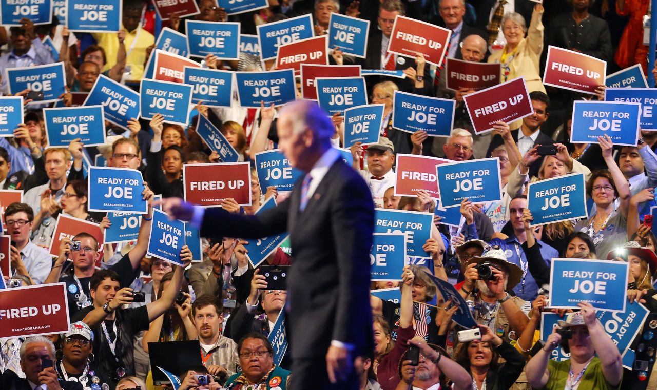 Biden walks onstage during the final day of the convention on Thursday.