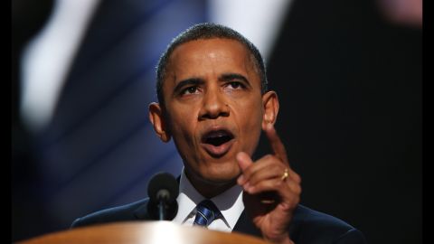 Barack Obama speaks on stage to accept the nomination for president on Thursday.