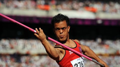 Tunisia's Mohamed Amara competes in the men's javelin throw F40 final Friday.