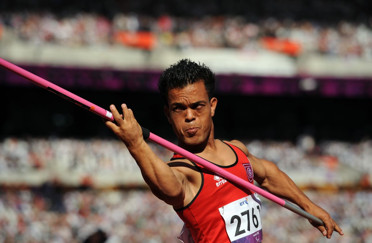 Tunisia's Mohamed Amara competes in the men's javelin throw F40 final Friday.