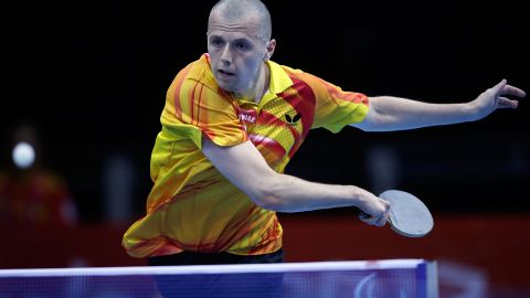 Poland's Sebastian Powrozniak competes in the men's team table tennis Class 9-10 on Friday.