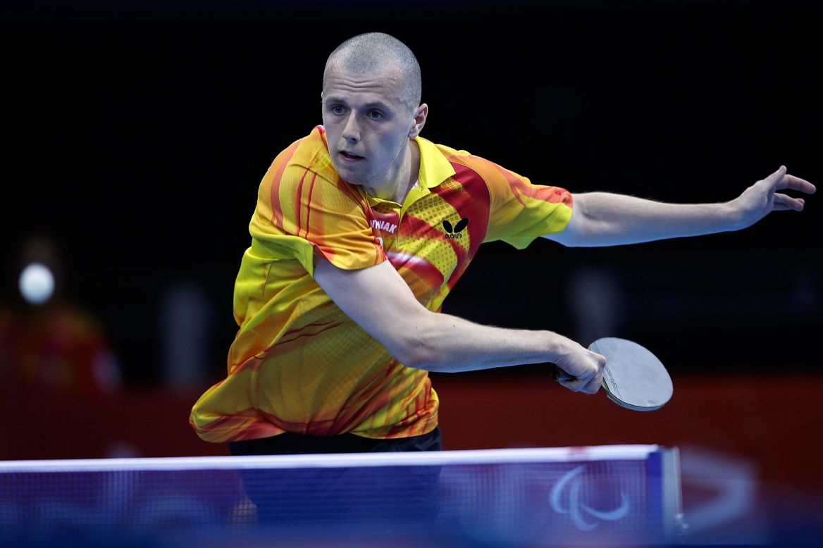 Poland's Sebastian Powrozniak competes in the men's team table tennis Class 9-10 on Friday. 