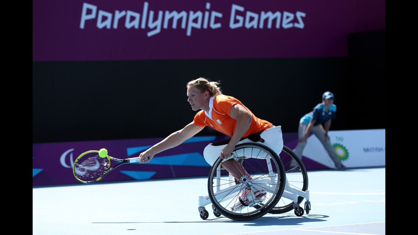 Esther Vergeer of the Netherlands plays a forehand in the final of the women's singles match in wheelchair tennis Friday.