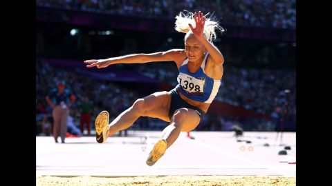 Oksana Zubkovska of Ukraine competes in the women's long jump F11/12 final on Friday.