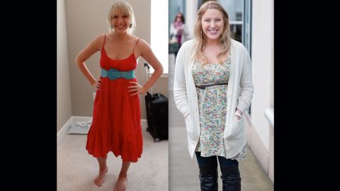 Burke shows off her dramatic weight change due to the fertility hormones. "This photo on the left is my body before medications at 150 lbs, and then second photo was taken the day of the second transfer, just a few weeks ago at around 180 lbs (give or take an embryo)," she <a href="http://abellyformeababyforyou.blogspot.com/2012/04/from-fit-to-fat.html" target="_blank" target="_blank">wrote on the blog</a>. 