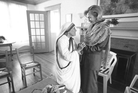 First lady Hillary Rodham Clinton meets with Mother Teresa at the opening of the Mother Teresa Home for Infant Children on June 19, 1995, in Washington.