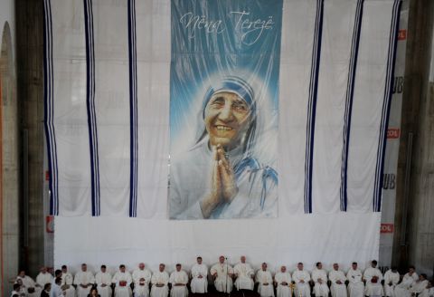 Kosovo Albanian Catholics attend a religious service at the Blessed Mother Teresa Cathedral in Pristina on September 5, 2012, to mark the 15th anniversary of her death.