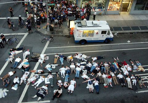 <strong>2004: </strong>Demonstrators at the 2004 Republican National Convention in New York stage a die-in at Broadway and 30th Street.