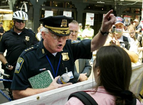 <strong>2004:</strong> The Democratic National Convention held in Boston in 2004 included unprecedented security. Police direct demonstrators toward their permitted protest area -- away from the FleetCenter, where the convention was held.