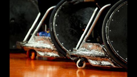 A detailed view of wheelchairs during the men's pool phase Group A rugby match between Great Britain and Japan on Friday.