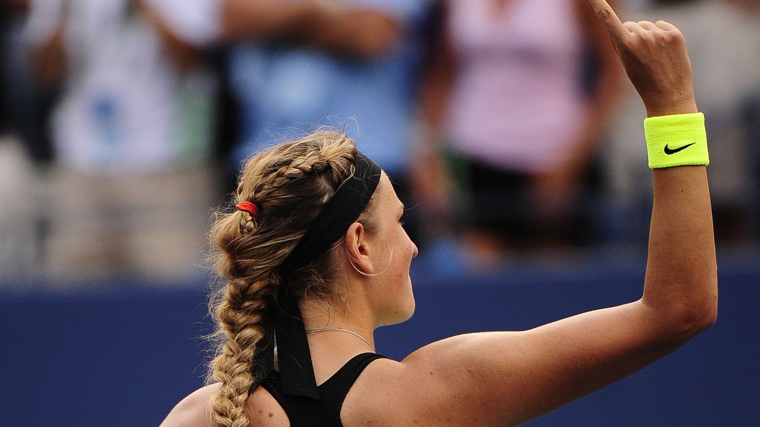 Top seed Victoria Azarenka signals her victory over Maria Sharapova in the U.S. Open semifinals. 
