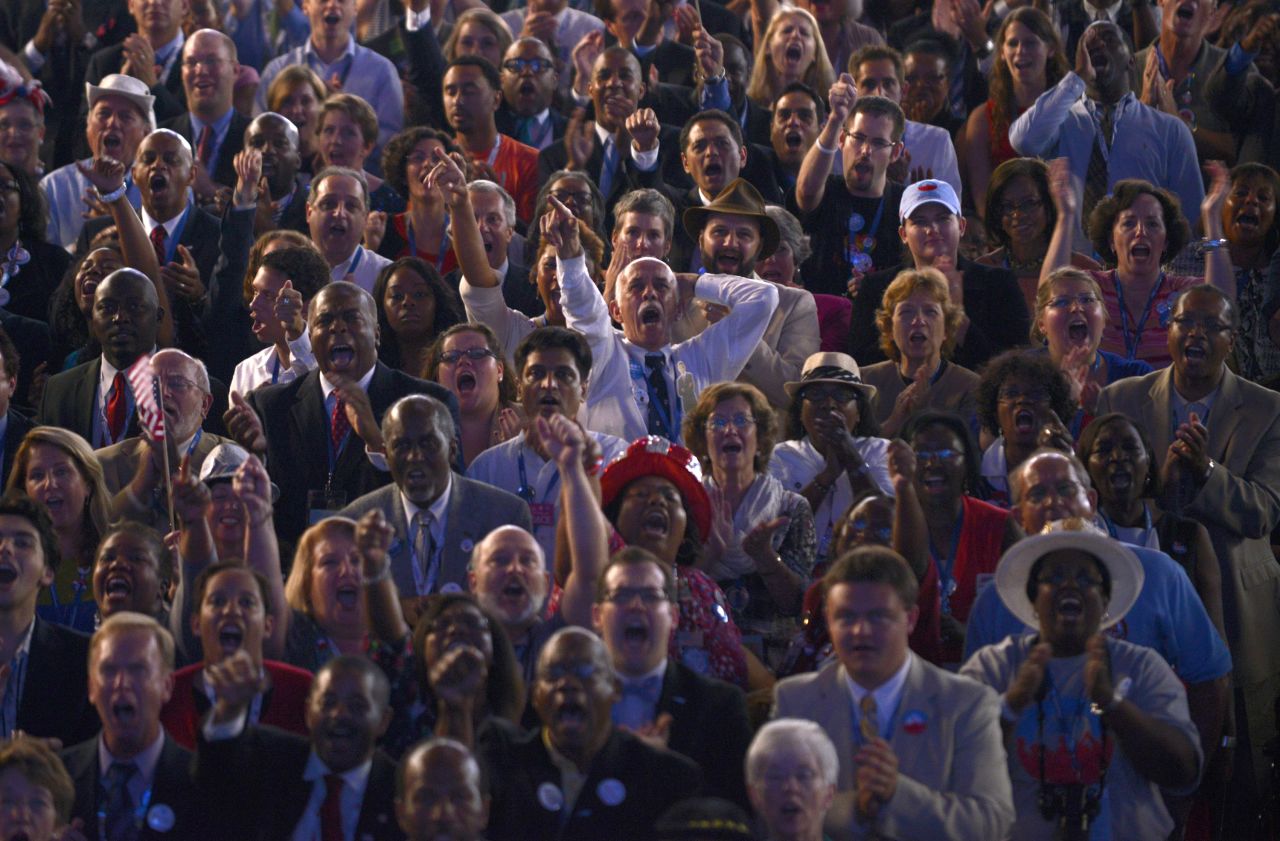 Crowds react to a speech at the Time Warner Cable Arena in Charlotte, North Carolina, on Thursday.