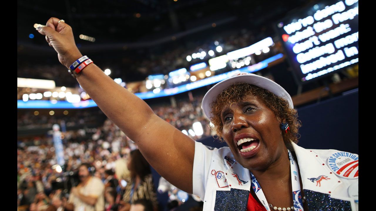 Loretta Harper of Nevada cheers on Thursday.