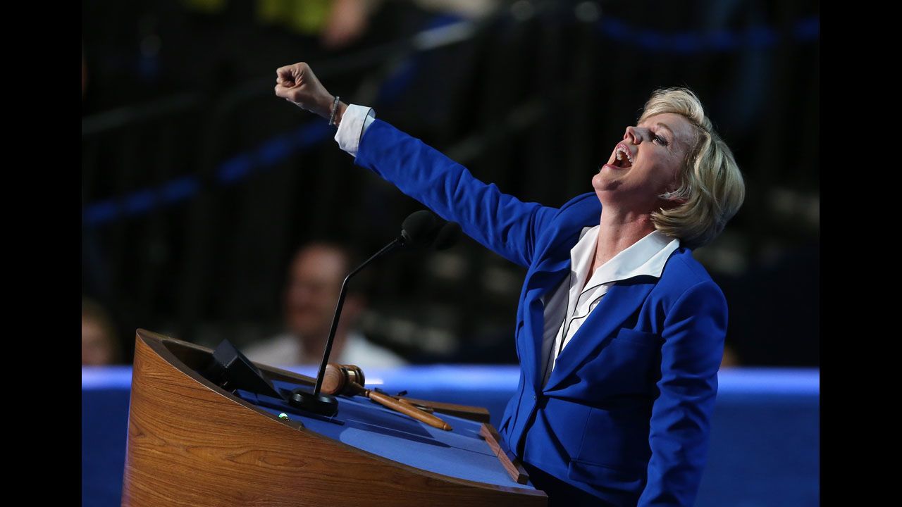 Former Michigan Gov. Jennifer Granholm gestures during her speech on Thursday.