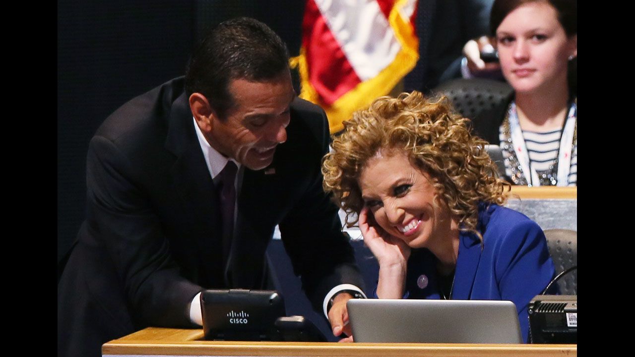 DNC Chair and Los Angeles Mayor Antonio Villaraigosa, left, talks with Democratic National Committee Chair and Florida Rep. Debbie Wasserman Schultz on Thursday.