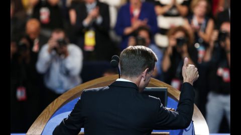 Delaware Attorney General Beau Biden gestures during his speech to nominate his father Joe Biden for the office of vice president on Thursday.