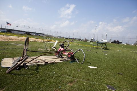 A baseball field is filled with debris from the tornado, which started as a waterspout and came ashore.