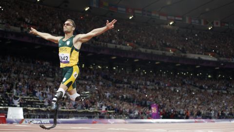 South Africa's Oscar Pistorius, also known as the "Blade Runner," crosses the line to win gold in the men's 400-meter T44 final. Pistorius also competed in the London Olympics.