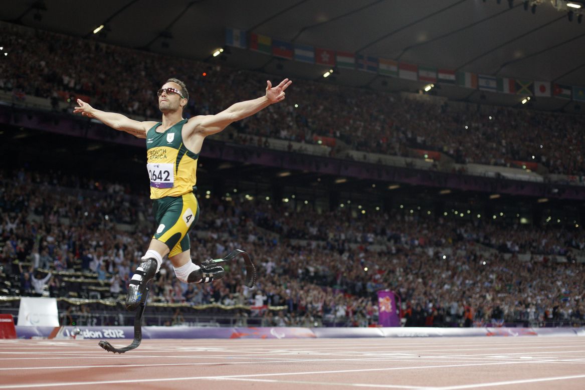 South Africa's Oscar Pistorius, also known as the "Blade Runner," crosses the line to win gold in the men's 400-meter T44 final. Pistorius also competed in the London Olympics.