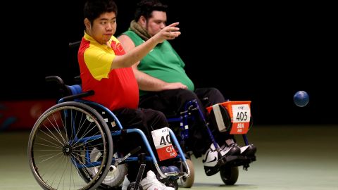 China's Yuansen Zheng tosses the ball during Saturday's Individual BC4 boccia gold medal match against Brazilian Dirceu Jose Pinto.