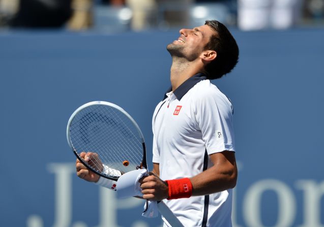 Novak Djokovic of Serbia celebrates his 2-6, 6-1, 6-4, 6-2 win over David Ferrer of Spain in the men's singles semifinal match at the 2012 U.S. Open on Sunday, September 9. The tournament, the last grand slam event of the year, continues through Monday in Queens, New York.