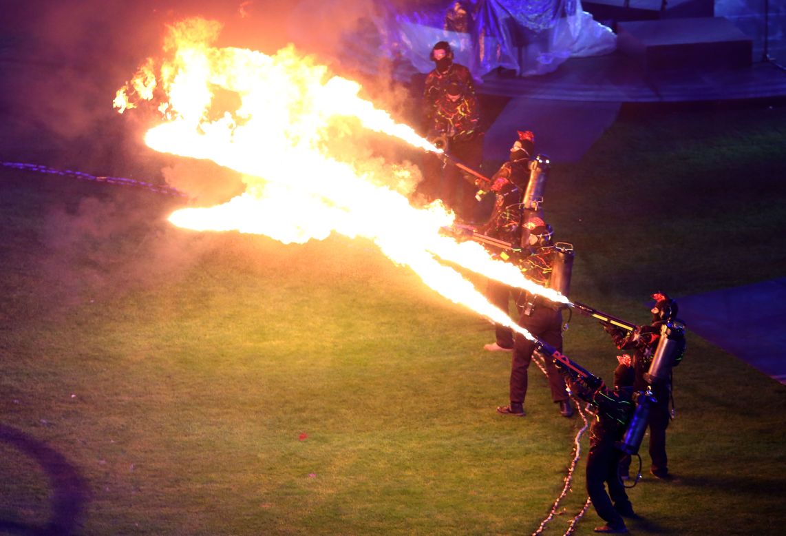 Flame throwers light up the night.