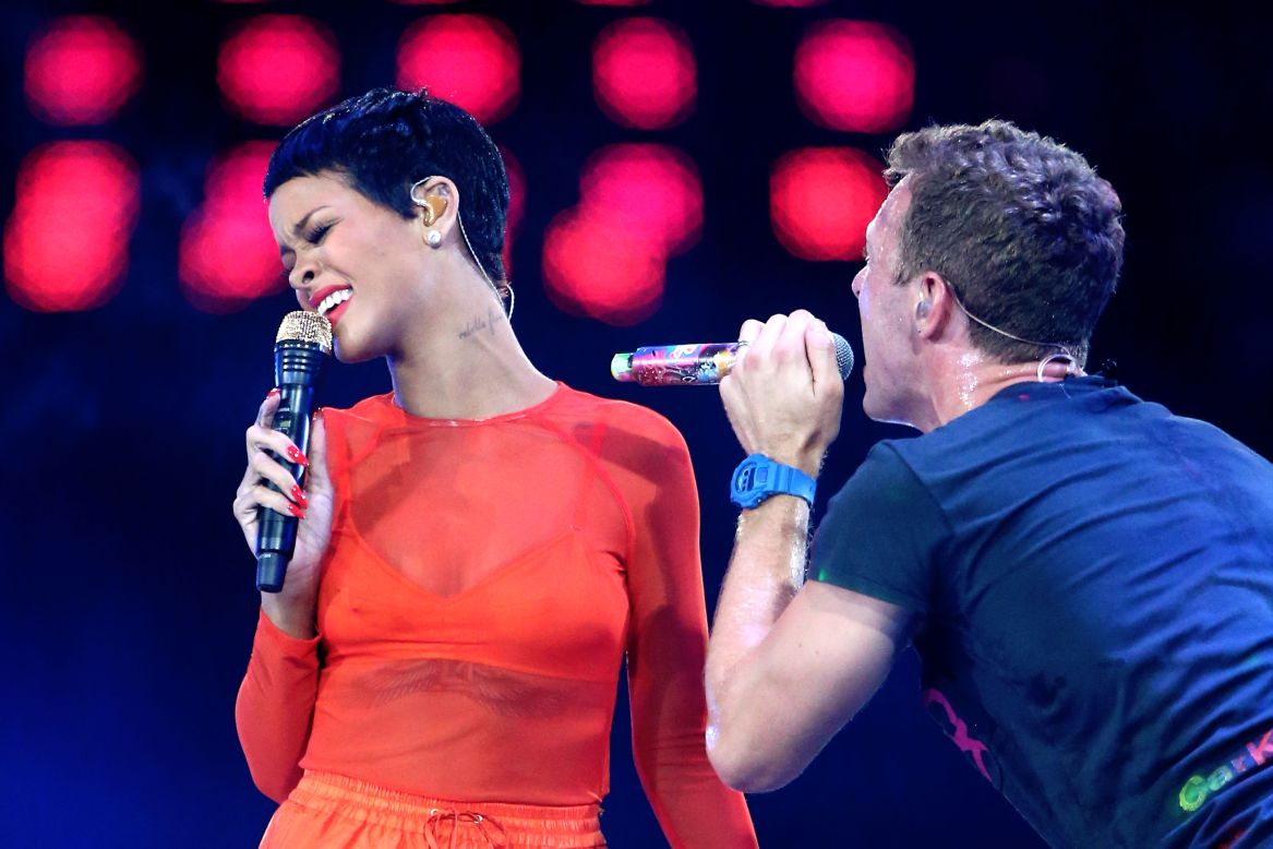 Rihanna performs with Chris Martin of Coldplay.
