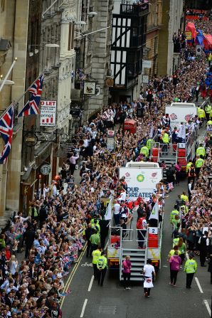 A rear view of one of the floats as it passes along Fleet Street, London.