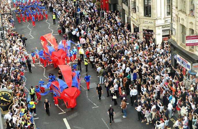 The Victory Parade progresses along Fleet Street, London.