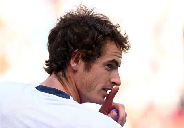 Andy Murray looks on during a break in his men's singles final match against Novak Djokovic on Monday.
