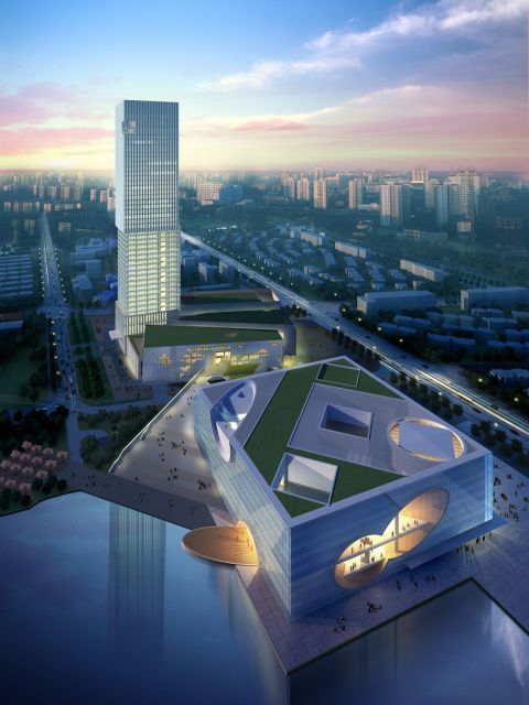 Scheduled for completion in late 2013, The Shanghai Poly Theater, by architect Tadao Ando, stands by a man-made lake and has a simple rectangular volume, with cylindrical void spaces inserted at various angles.